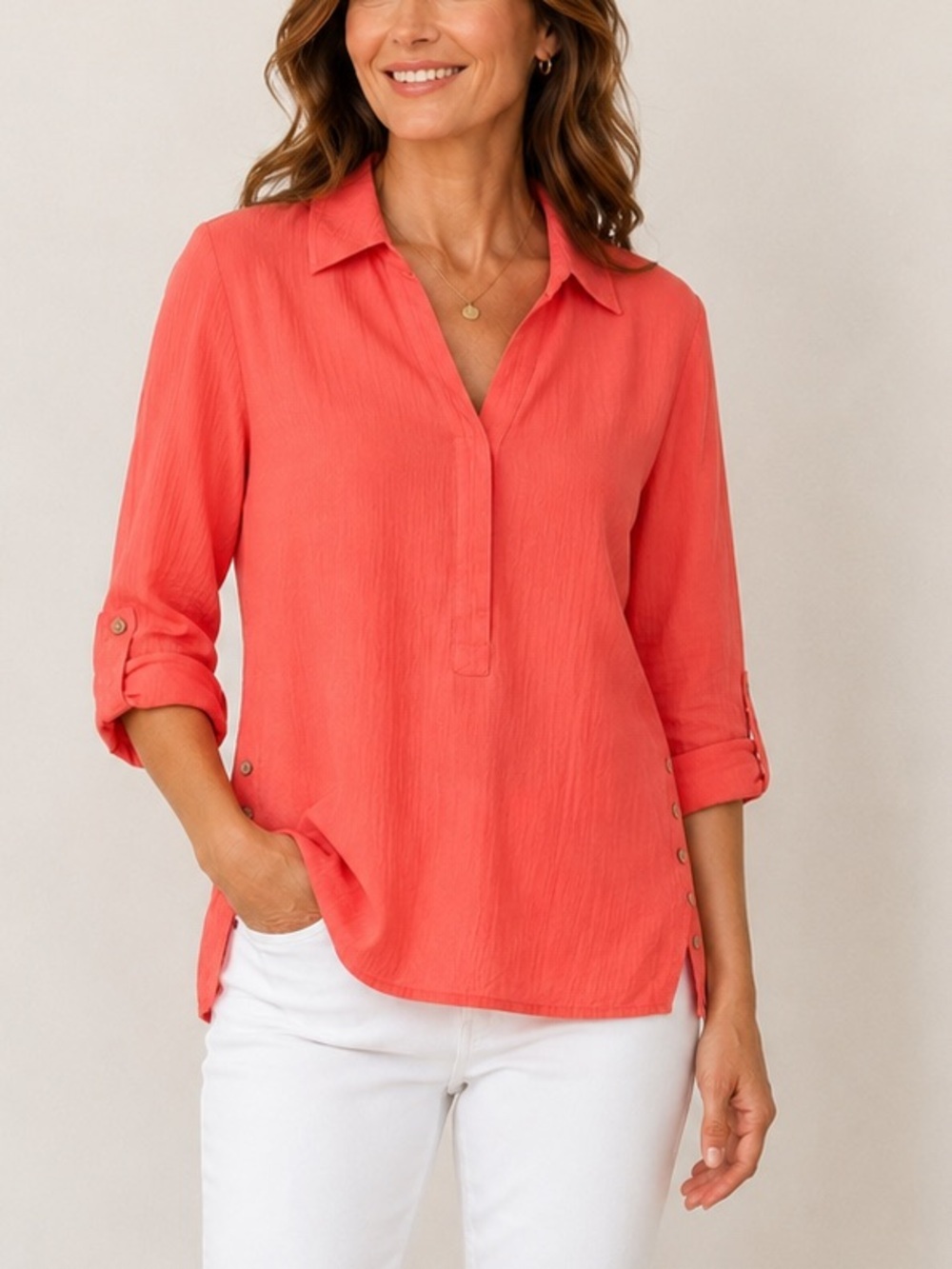 Soft Surroundings Coral Popover Button Side Lightweight Roll Tab Sleeve Shirt 1X